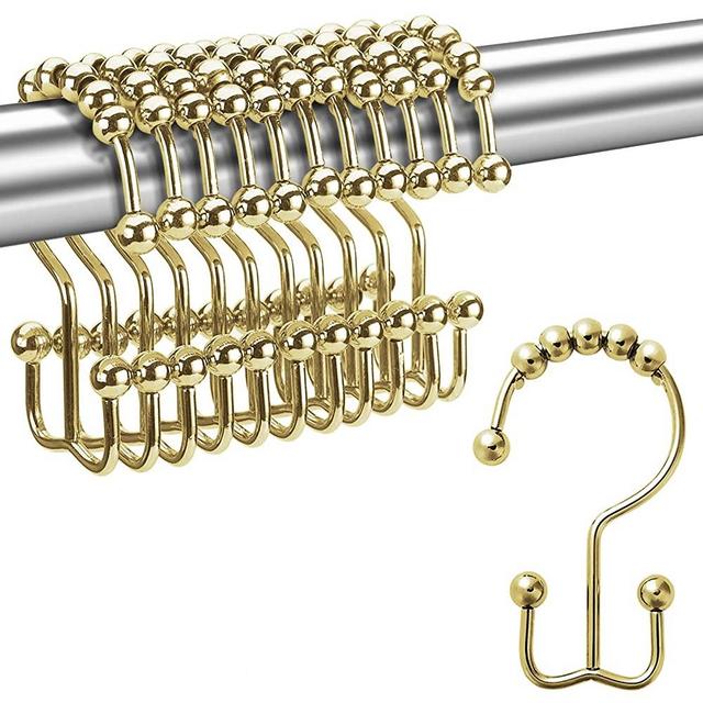 Titanker Gold Shower Curtain Hooks Rings, Rust-Resistant Metal Double Glide Shower Hooks Rings for Bathroom Shower Curtains Rods, Set of 12 Hooks - Gold