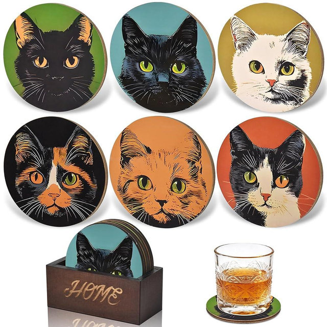 Bar Coaster Set, Drink Coaster for Home Decor, Wood Coffee Coasters 6Pack (Cat)