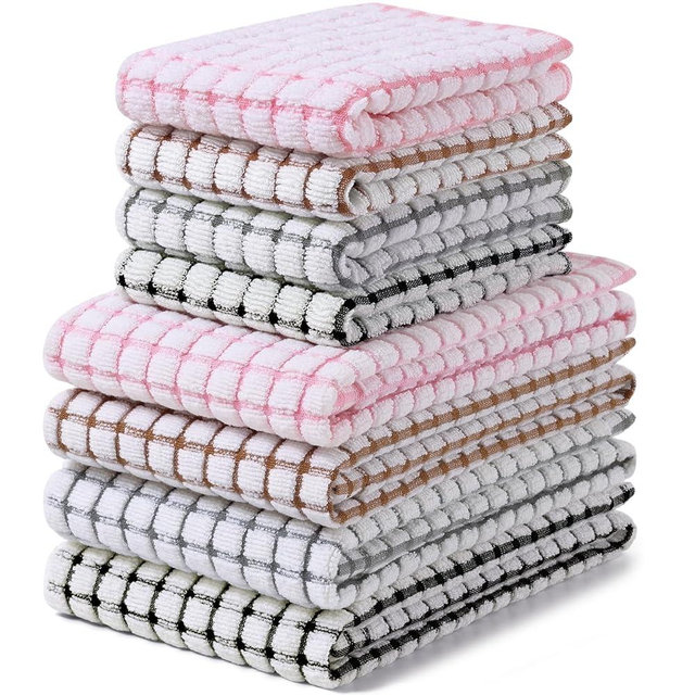 Homaxy Kitchen Towels and Dishcloths Set, 16 x 25 and 12 x 12 Inches, Set of 8 Cotton Terry Kitchen Dish Towels, Super Soft and Absorbent Dish Cloths, Black/Grey/Pink/Brown