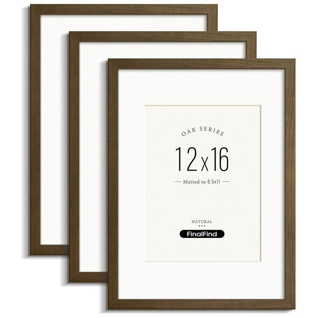 FinalFind Minimalist 12x16 Picture Frame with Mat for 8.5x11, Brown Walnut, Solid Wood 12x16 Frame for Posters or Art Prints, Lightweight for Wall Mount (3 Pack, Walnut)
