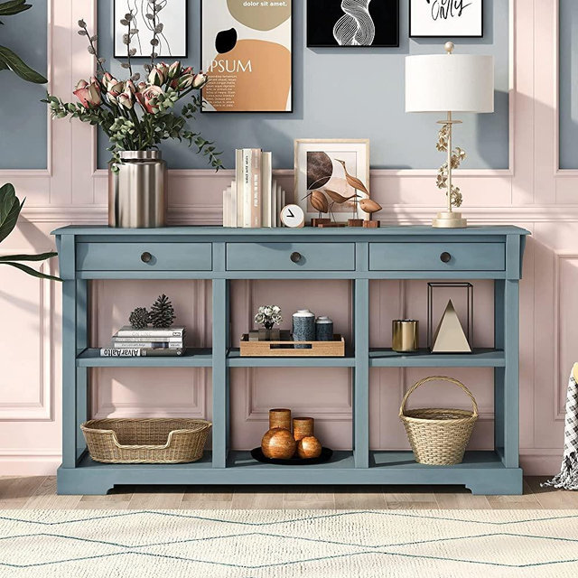 LKYG Retro Console Table Sideboard, 58inch Acacia Wood Sofa Table with Open Shelves and Drawers, Ample Storage Console Table for Living Room Entryway Kitchen (Teal Blue with Ample Storage)