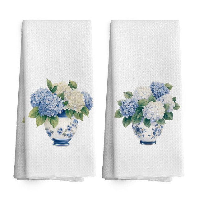 TAEDIN Chinoiserie Decor Kitchen Towels Hydrangea Decor Dish Towel 16x24 Inches, Blue and White Chinese Vase Decorative Absorbent Dishcloths Tea Towels Set of 2 for Kitchen Bar Cart Decor