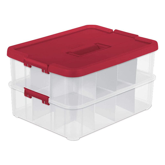 Sterilite 1427 Stack & Carry 2 Layer 24 Ornament Storage Box, Red Lid and Handle, See-through layers
