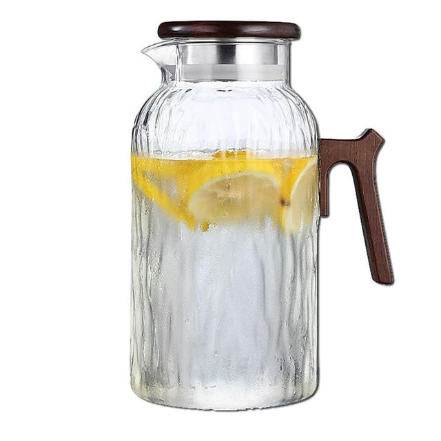 TYWSMY Glass Water Pitcher with Wooden Lid and Handle, Glass Carafe for Hot/Cold Water, Large Iced Tea Pitcher for Coffee, Juice and Homemade Beverage, 1.8 Liter/60oz
