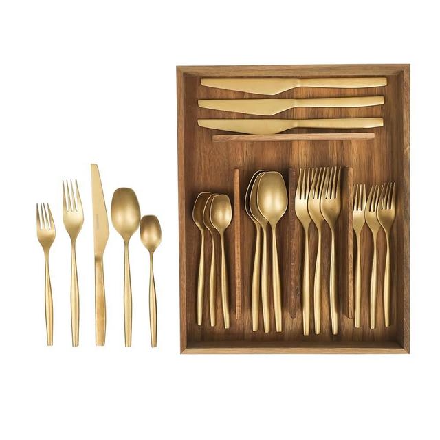 Bloomhouse 20 Piece Stone Washed Gold Flatware 18/10 Stainless Steel Silverware Cutlery Utensil Set With Acacia Wood Caddy - Service for 4