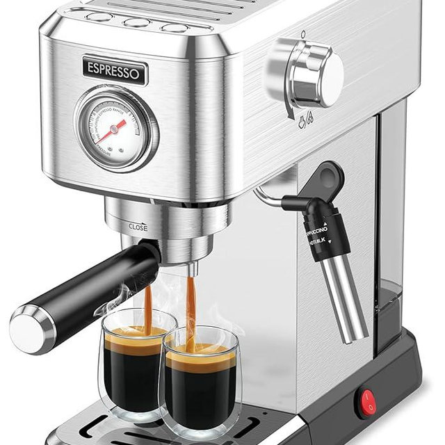 Pokk Espresso Machine, 20 Bar Professional Espresso Maker, Milk Frother Steam Wand for Latte and Cappuccino, Compact Stainless Steel Espresso Coffee Machine with 50oz Removable Water Tank for Home