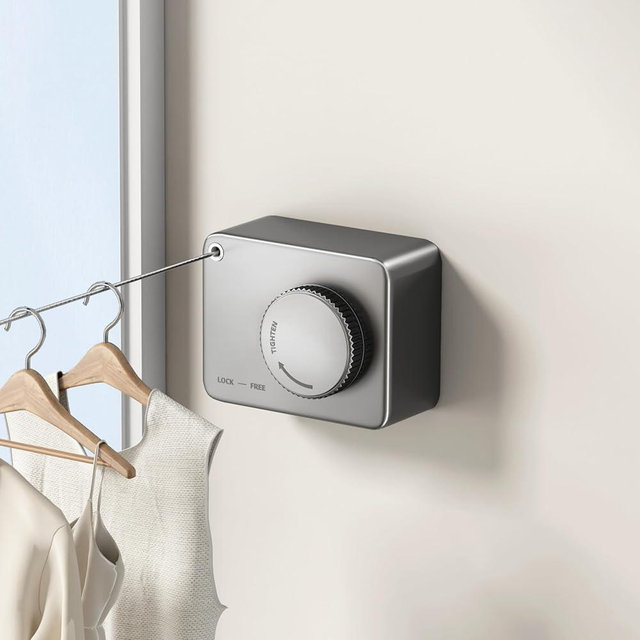 MUSTORN Retractable Clothesline Indoor, Non-Sagging Outdoor Clothes Line Retracting Heavy Duty Clothes Drying Laundry Line Wall Mounted Stainless Steel Line-15.1 Feets(Rectangle-Gray)