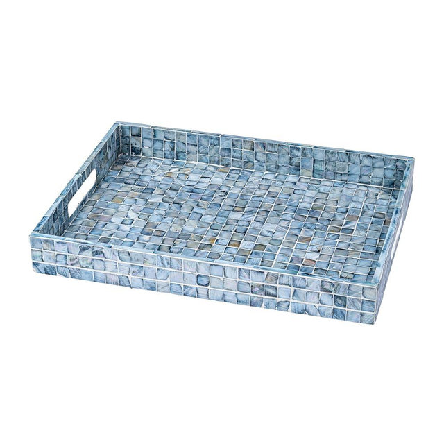 PEMAR Rectangular Mother of Pearl Serving Tray Nacre Wood Lap Ottoman Tray for Coffee Table, Luxury Decorative Handmade Eating Platters w Insert Handles (Blue)