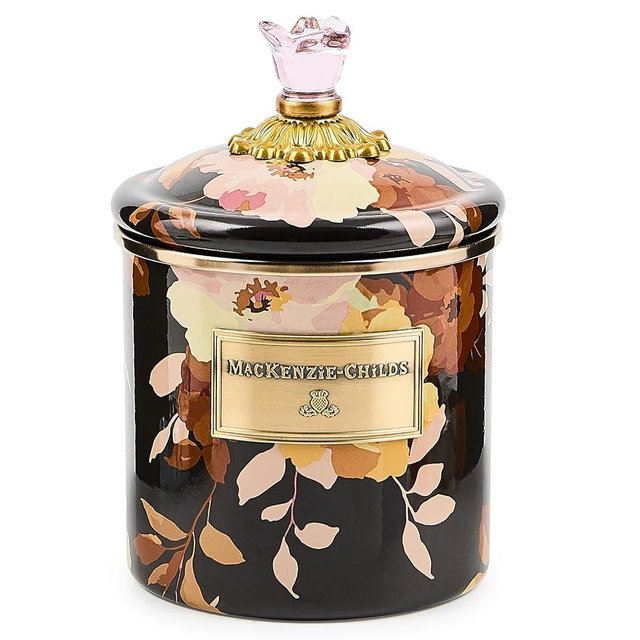 MACKENZIE-CHILDS Enamel Canister, Kitchen Storage Container with Lid, Small, Wild Rose Brown