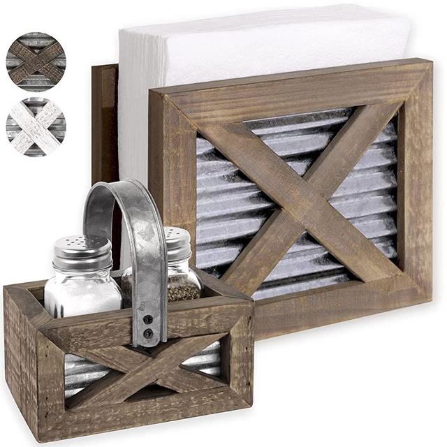 Autumn Alley Farmhouse Napkin Holder and Adorable Farmhouse Salt and Pepper Shakers Set With Wood Holder - Barn Door Motif, Galvanized Metal - Rustic Napkin Holder Rustic Kitchen Décor (Brown)