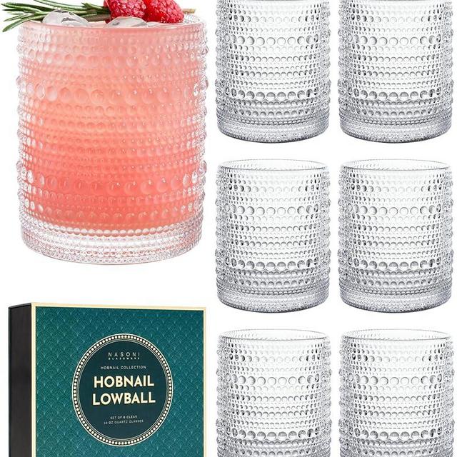 NASONI GLASSWARE 10 oz Hobnail Lowball Glasses Set of 6 (Clear) in Luxury Box - Vintage Rocks Glass Beaded Embossed Drinkware Old Fashioned Tumbler for Whiskey, Bourbon, Liquor, Water, Juice