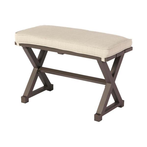Mix and Match Farmhouse 2-Person Steel Outdoor Patio Bench with Tan Cushion