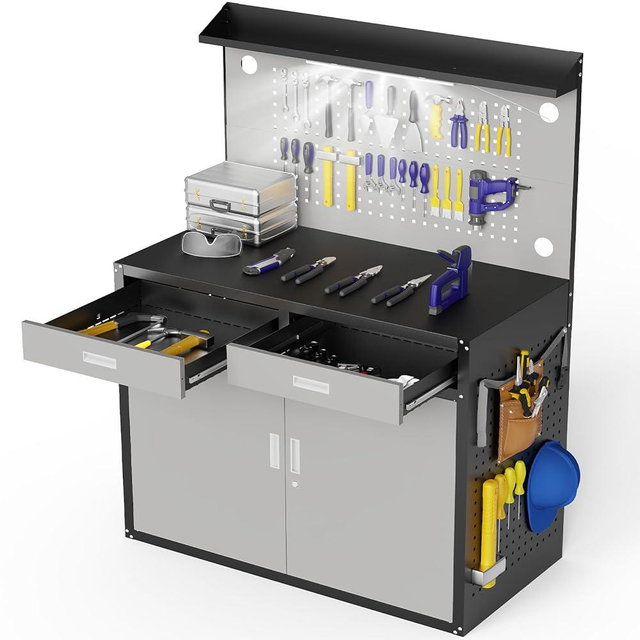 Eltean 65" Heavy Duty Work Bench with Storage, 2000 LB Capacity Garage Work Table with Adjustable LED Lighting、Lockable Cabinet、Drawers & Pegboard ，Work Benches for Garage、Workshop, Basement