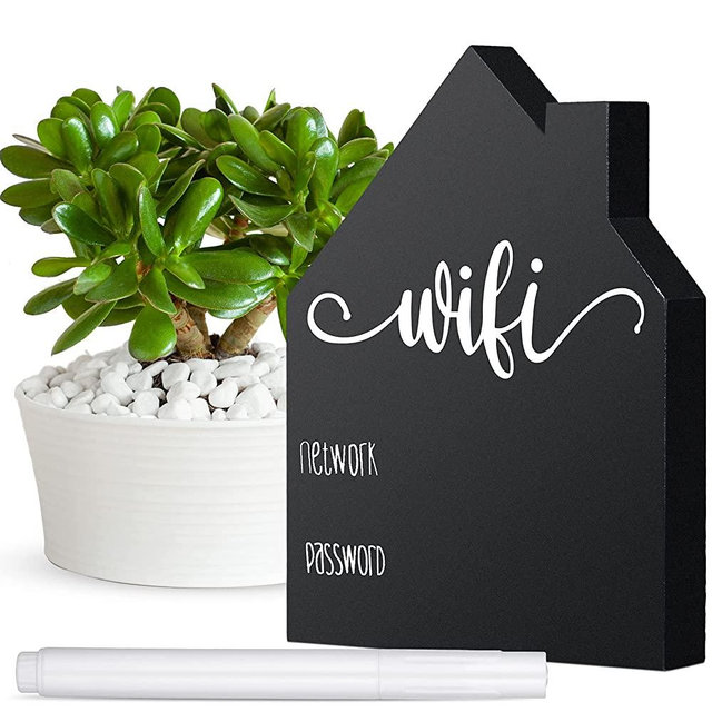 WiFi Password Sign Wooden Table WiFi Sign Wooden Freestanding Sign with Board Erasable Pen Chalkboard Style Freestanding Sign for Home Business Table Centerpieces Decoration (Black)