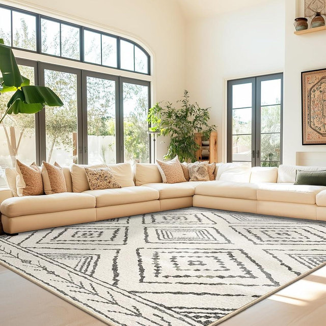 BESTSWEETIE 8x10 Area Rugs Moroccan Rug 8x10 Rugs Farmhouse Rug Machine Washable Rugs Non-Slip Low Pile Ultra Soft Faux Wool for Living Room Bedroom Indoor Blackwhite