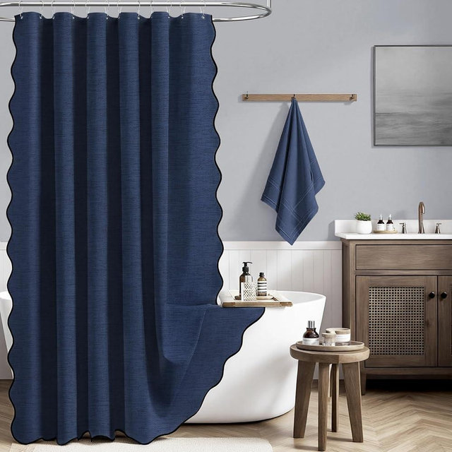 BTTN Navy Blue Scalloped Shower Curtain, Linen Textured Cute Fancy Heavy Duty Fabric Shower Curtain Set with Plastic Hooks, Hotel Luxury Waterproof Cloth Shower Curtains for Bathroom Bathtub, 72x72