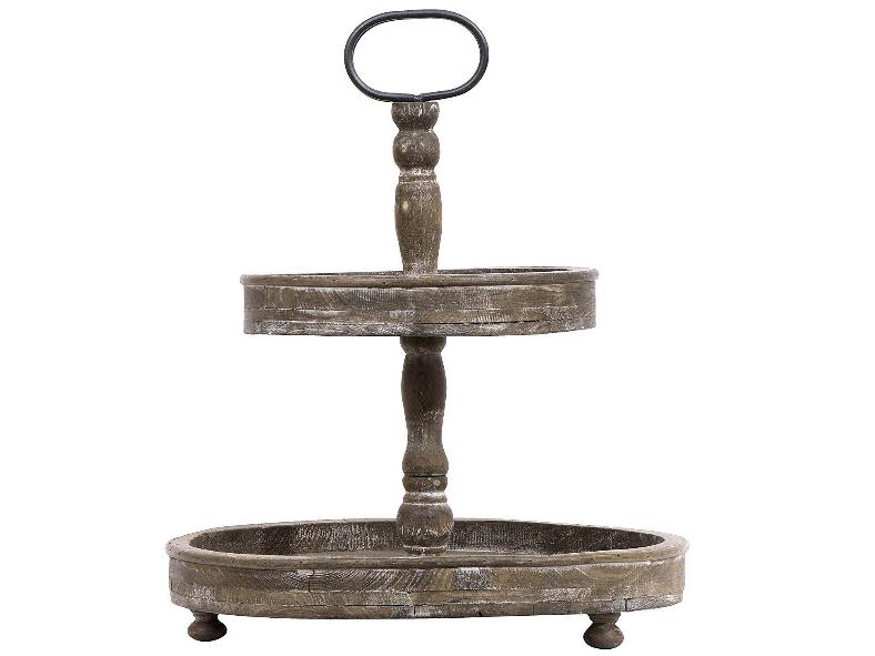 Creative Co-Op Distressed Brown Wood Metal Handle Two-Tier Tray