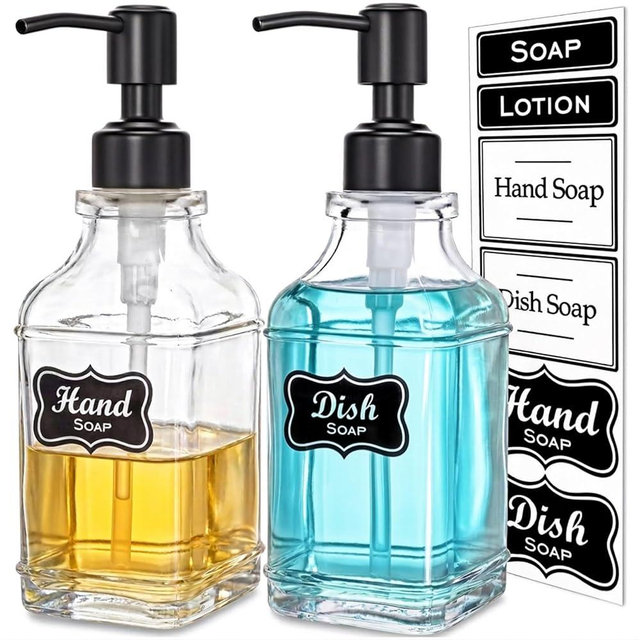 JASAI 2Pack Glass Soap Dispenser with Black Rust Proof Pump, Refillable Dish Soap Dispenser with for Kitchen and Bathroom.