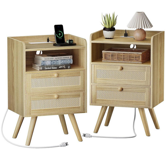 SUPERJARE 2 Drawer Night Stand with Charger Station, Boho Rattan Nightstand Set of 2, 25.2 Inch Tall Bed Side Table with Solid Wood Feet, End Table, Open Storage, Synthetic Rattan, for Dorm, Natural