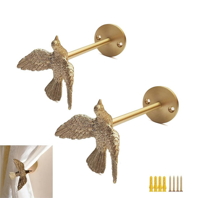 CatchDragon Brass Curtain Holdbacks Gold Bird for Wall, Vintage Decorative Curtain Tiebacks for Drapes,Wall Mounted Animal Curtain Holders for Living Room Bedroom Kitchen Kids Room(Set of 2) (Bird-1)