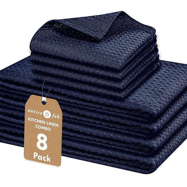 Native Fab 8 Piece Towel & Dish Cloth Set - 100% Cotton, Absorbent, Quick Drying, Durable Towels for Cleaning, Cooking, Baking - Great for Home, Kitchen, Bars & Everyday Use - Navy Blue