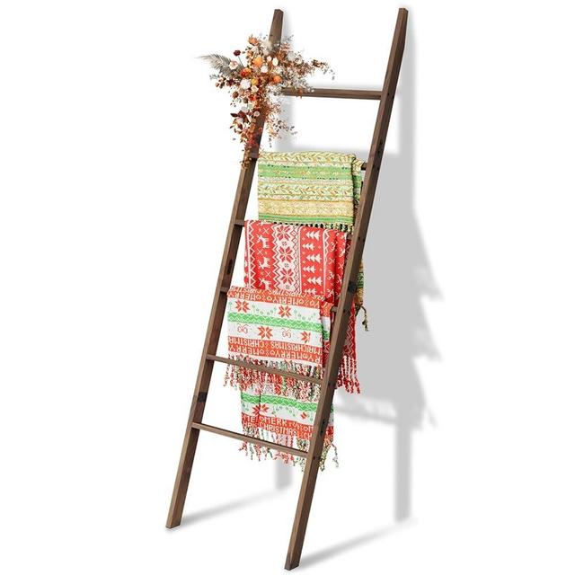 Acacia Wood 6-Tier Blanket Ladder, 5.7FT(66.5'') Blanket Quilt Towel Holder Rack Decorative Ladder Wooden, Easy Assembly, Rustic Farmhouse Ladder Shelf for The Living Room Bedroom Bathroom Home Decor