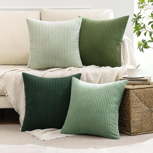 MIULEE Pack of 4 Green Corduroy Decorative Throw Pillow Covers 18x18 Inch Soft Boho Striped Pillow Covers Modern Farmhouse Home Decor for Sofa Living Room Couch Bed