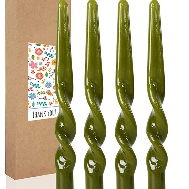 LPUSA Handmade Spiral Taper Candles Twisted Candle Conical Stick Candles for Holiday Wedding Party Wax Unscented Dinner Candle Dripless,Christmas Gift H 10 Inch, 4pcs（Olive Green）