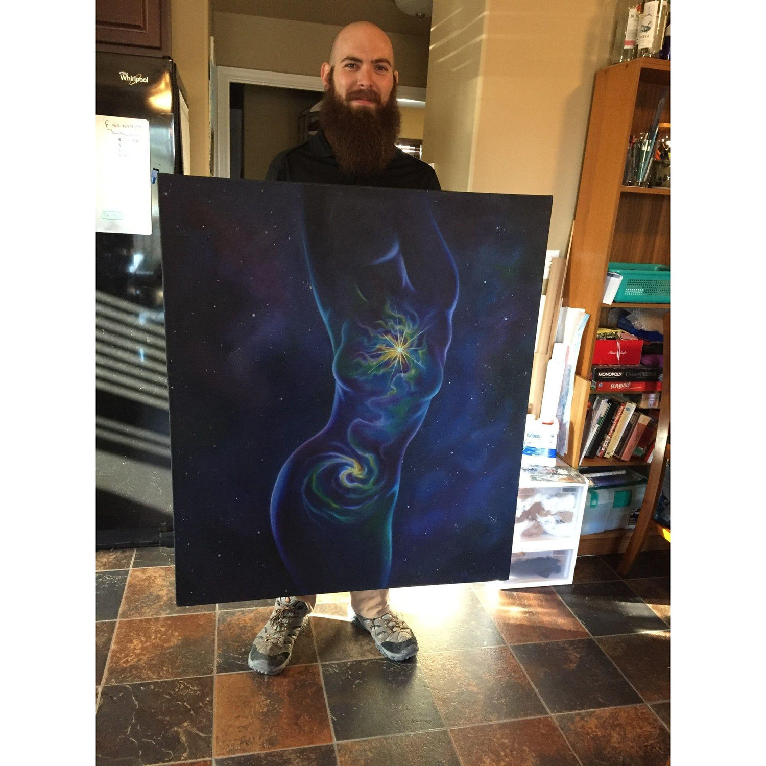 Though we didn't know it at the time, Coy bought a painting from his future artist wife. It now hangs in our living room.