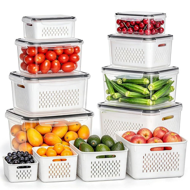HOMETALL 8 Pack Fruit Storage Containers for Fridge with Strainer, BPA Free Fruit Cleaning Bowl Fridge Organizer, Plastic Fresh Keeper Set Refrigerator Organizer for Salad Berry Produce