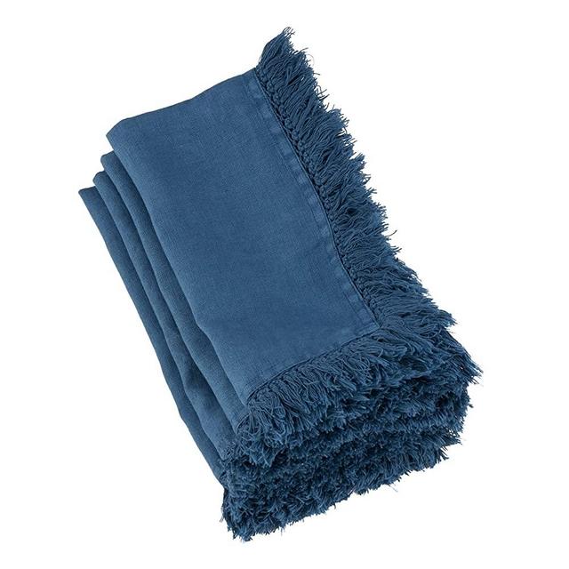 SARO LIFESTYLE Refined Rustic Collection Fringed Linen Table Napkins In Stonewashed Colors (Set of 4), 20", Navy Blue