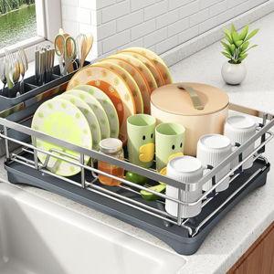 Dish Drying Rack - Stainless Steel Dish Rack for Kitchen Counter, Large-Capacity Dish Drainer with Cutlery Holder, Kitchen Organizer for Dishes, Spoons and Forks, Silver