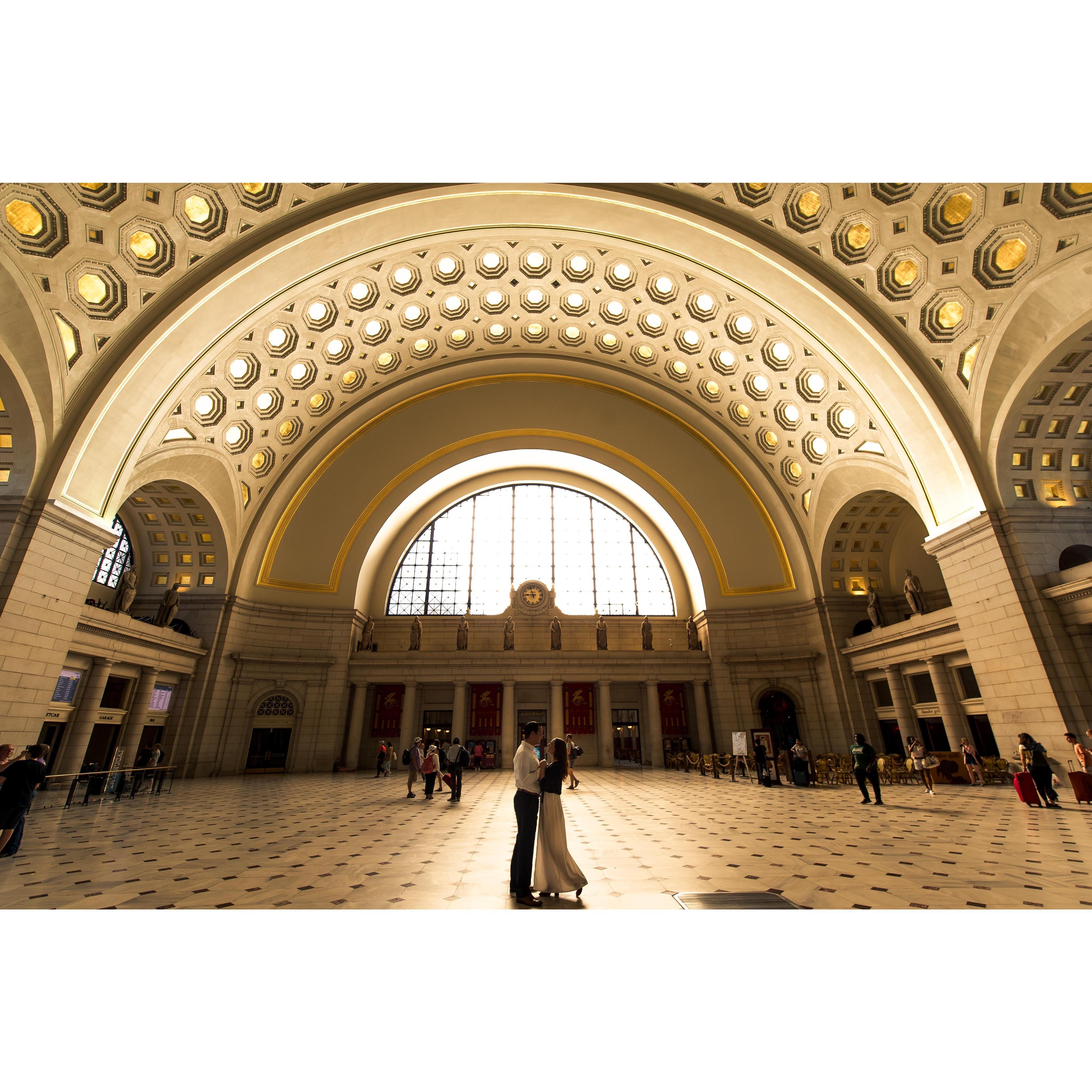 One of our engagement photos! This is in Union Station- the metro station we take to work together, and near our place together.