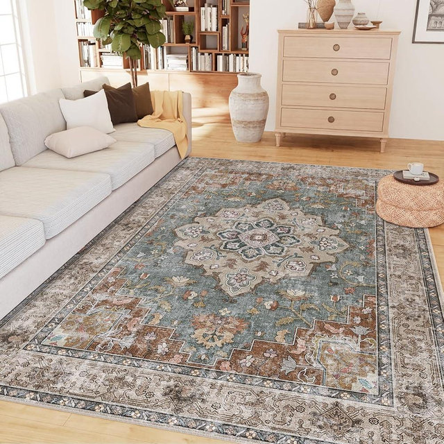 CAPALOCA Machine Washable 5x7 Area Rugs for Living Room Vintage Carpet Non Slip Low Pile Water Repellent Soft Print Pattern for Bedroom Indoor Decor Polyester Rug Browngreen