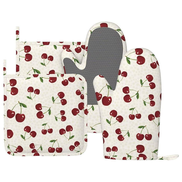 BOKEKANG Cherry Berries Oven Mitts and Pot Holders Set of 4 Silicone Watercolor Cherries Kitchen Mitten Gloves and Non-Slip Potholders Set Heat Resistant Oven Gloves Hot Holders for Kitchen