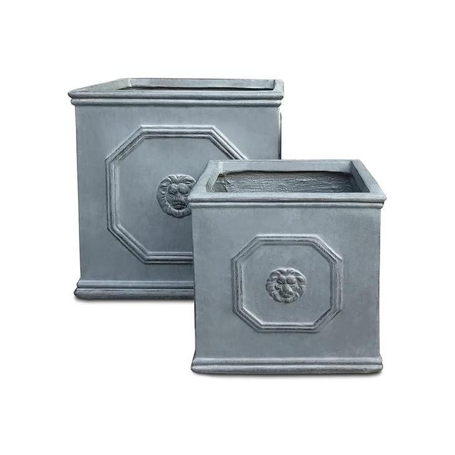 Kante Square Lion Head Concrete Planter Set of 2, Classic English Style Plant Pot with Drainage Hole and Rubber Plug for Indoor Outdoor, 10.2"x10.2"x10.2" and 12.6"x12.6"x12.6" Antique Gray