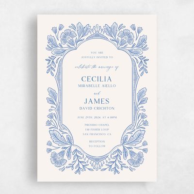 Blue Floral Wedding Invitation - Caleania Portrait