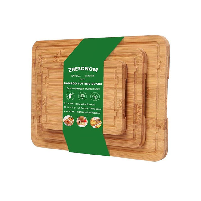 ZHESONOM Bamboo Cutting Boards for Kitchen Meal Prep & Serving Set of 3, Wooden Chopping Boards with Juice Grooves & Handles for Meat, Vegetables Easy Clean Ideal Kitchen Gift for Home Cooks & Wedding