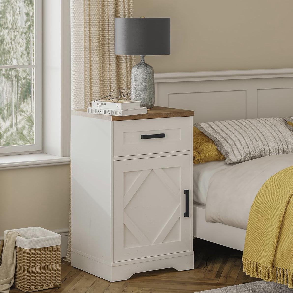 WAMPAT 32" H End Table Set of 2 with Drawer and Barn Door Cabinet for Living Room, Modern Farmhouse Tall Nightstand Set with Adjustable Storage Shelves, Antique White