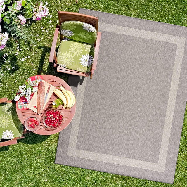 CAMILSON Outdoor Rug - Modern Area Rugs for Indoor and Outdoor patios, Kitchen and Hallway mats - Washable Outside Carpet (8x10, Bordered - Grey / White)