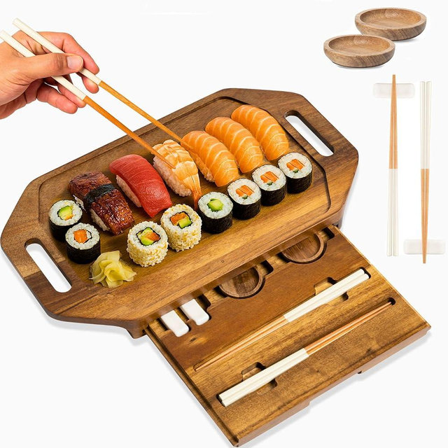 Sushi Tray for Two with Sushi Kit – Serving Tray with Handles & Sushi Set, 17x10in Sushi Plate, Charcuterie Board – Best Housewarming Gift or Bridal Shower Gift for Bride