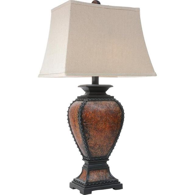 Black Forest Décor Western Tooled Leather Table Lamp - Rustic Faux Leather Shade for Cabin Decor