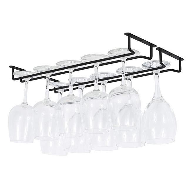 Wallniture Brix Large Stemware Wine Glass Hanger Rack Under Cabinet Kitchen Bar Storage Black Iron 17 Inch Set of 2