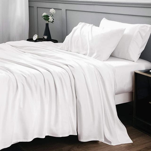 Bedsure 100% Bamboo Sheets Set California King White - Cooling Bamboo Bed Sheets for Cal King Size Bed with Deep Pocket 4PCScs