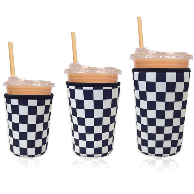 Reusable Insulated Neoprene Iced Coffee Cup Sleeve, Durable Drink Sleeve for Cold Beverages, Beverage Holder for Iced Coffee, Checker Grid