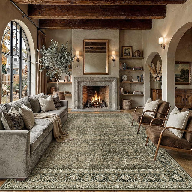 PureCozy Vintage Area Rug 8x10 Light Brown Washable Living Room Bedroom Indoor Carpet Tribal Distressed Retro Accent Throw Rug for Office Dining Room Bathroom Faux Wool