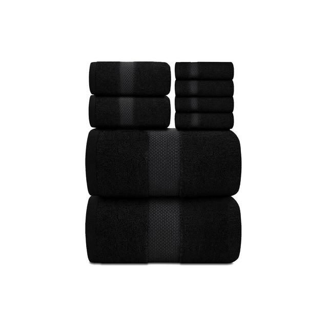 White Classic Luxury 100% Cotton 8 Piece Towel Set - 4x Washcloths, 2x Hand, and 2x Bath Towels - Black