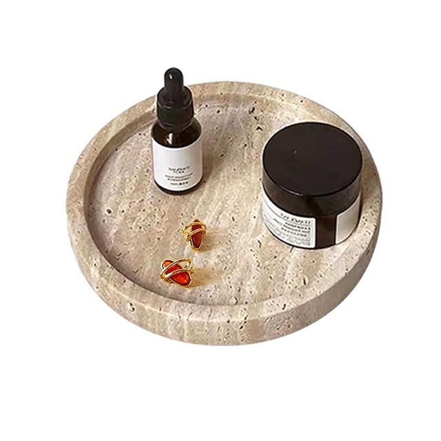 Real Travertine Tray for Jewelry Ring Dish, 5.9Inches Round Vanity Tray Marble Trinket Dish Decorative Tray Decor, Catch All Tray for Perfume, Candle, Jewelry Dish, Small Things(Beige Travertine)
