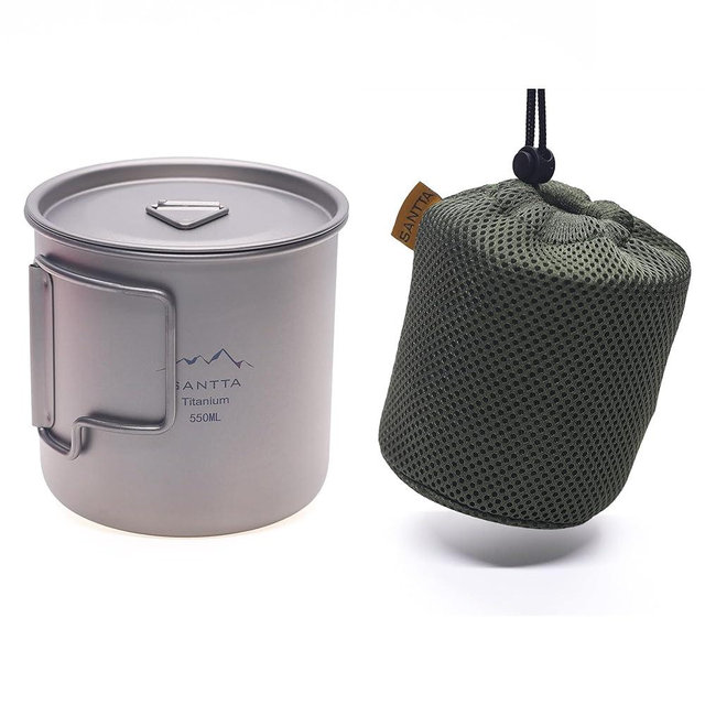 SANTTA Camp Cup MUG with Lid & Pouch, 18.6 oz Ultra Light Titanium Cup with Foldable Handle Camping Mug 550mL