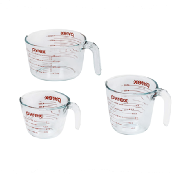 Pyrex Essentials (3-Pack) Glass Measuring Cups Set, (1, 2 & 4 Cup) Measuring Cups For Prepping, Baking and Cooking, Preheated Oven, Dishwasher, Freezer, and Microwave Safe